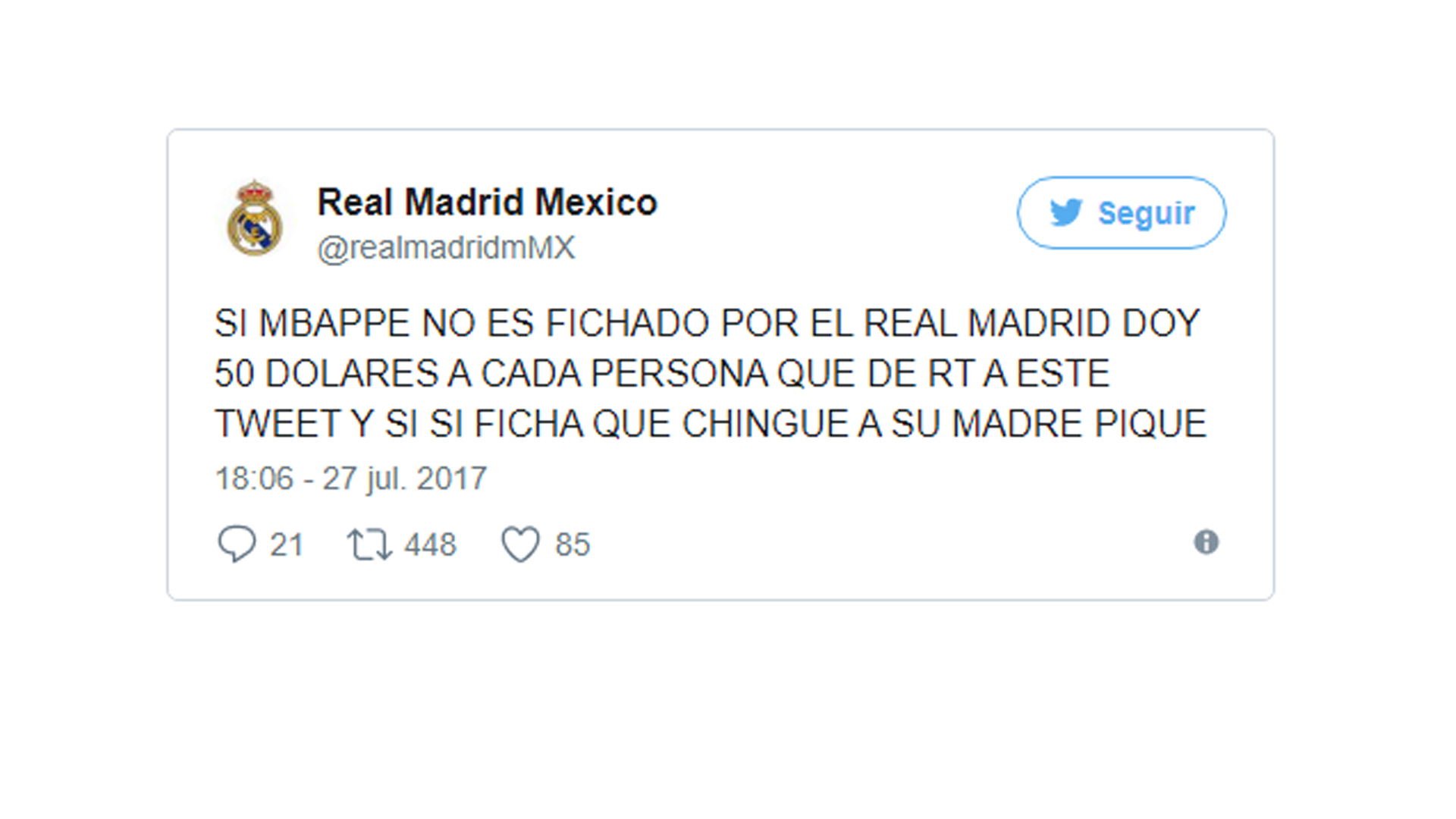 Un tuitero mexicano ofrece 50 dólares por retuit si el Madrid no ficha a Mbappé