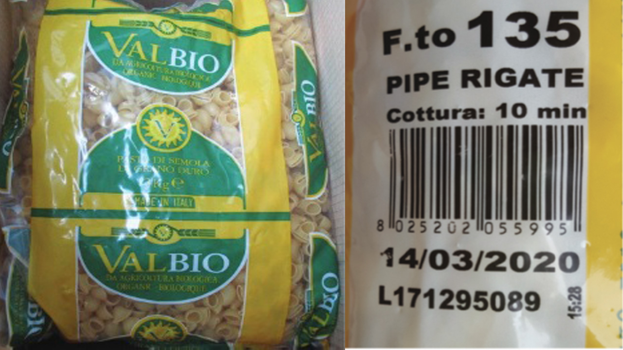 Pasta biologica infetta da parassiti ritirata: la marca e il numero di lotto