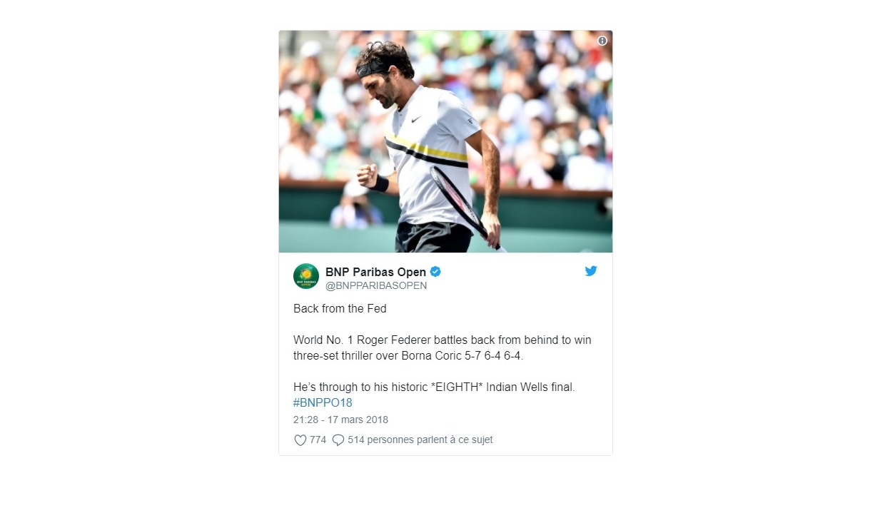 ATP - Indian Wells : Roger Federer renverse Coric