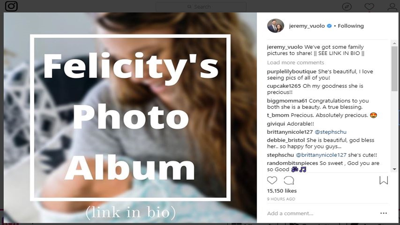 'Counting On': Baby Felicity photo album link shared by Jeremy Vuolo on Insta